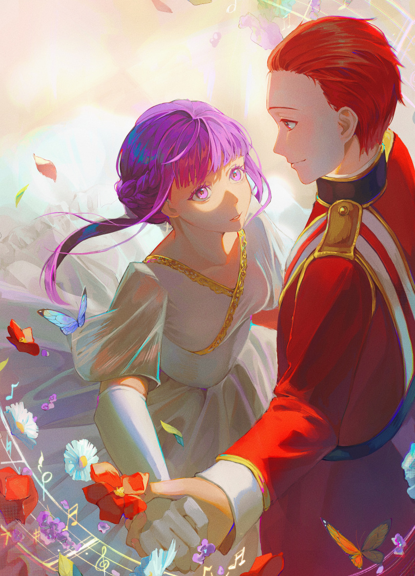 1boy 1girl absurdres ballroom_dancing braid bug butterfly closed_mouth commentary dancing dress elbow_gauntlets fern_(sousou_no_frieren) flower french_braid gloves hair_slicked_back height_difference hetero highres jacket light_smile looking_at_another military_uniform musical_note nuomirice parted_lips purple_hair red_eyes red_jacket redhead sash sousou_no_frieren stark_(sousou_no_frieren) symbol-only_commentary uniform violet_eyes white_dress white_gloves