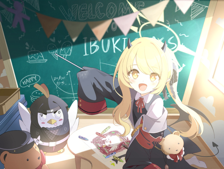 1girl armband blonde_hair blue_archive chalkboard crayon demon_horns demon_tail demon_wings english_text hair_ornament halo horns ibuki_(blue_archive) jacket long_hair looking_at_viewer military_jacket official_art open_mouth peroro_(blue_archive) pointing pointy_ears school_uniform sketch solo stuffed_animal stuffed_toy table tail twintails window wings yellow_eyes