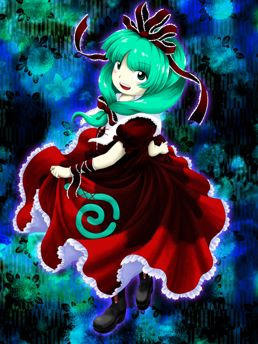 1girl :d arm_ribbon black_footwear blue_background dress front_ponytail full_body green_background green_eyes green_hair hair_ribbon highres kagiyama_hina looking_at_viewer multicolored_background official_style open_mouth parasite_oyatsu red_dress red_ribbon ribbon short_sleeves smile solo teeth touhou upper_teeth_only zun_(style)