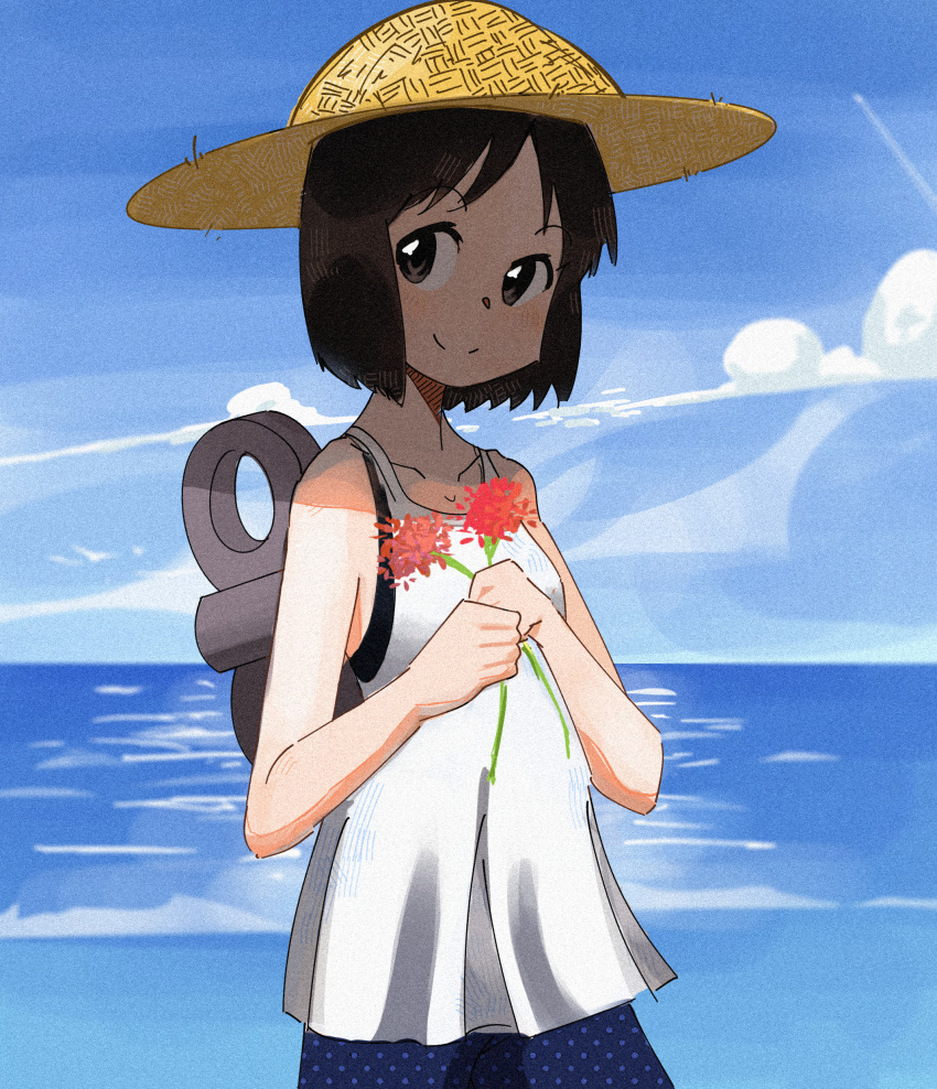 absurdres android black_eyes black_hair chanzai clouds day flower hat highres holding holding_flower nichijou ocean outdoors scenery shinonome_nano short_hair sky smile straw_hat summer waves winding_key