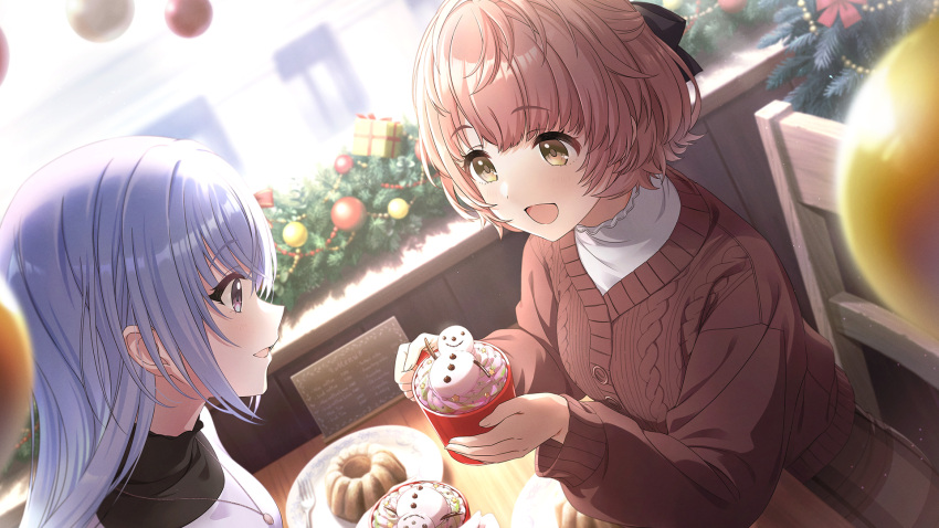 2girls black_bow blue_hair bow brown_hair cafe chair christmas christmas_ornaments cup day dot_nose food fork friends hair_between_eyes hair_bow highres holding holding_cup idolmaster idolmaster_shiny_colors idolmaster_shiny_colors_song_for_prism ikuta_haruki indoors jewelry long_hair long_sleeves looking_at_another menu mini_snowman multiple_girls official_art open_mouth pendant plate profile shirt short_hair sitting smile straight_hair sunlight suzuki_hana sweater sweets table upper_body violet_eyes window yellow_eyes