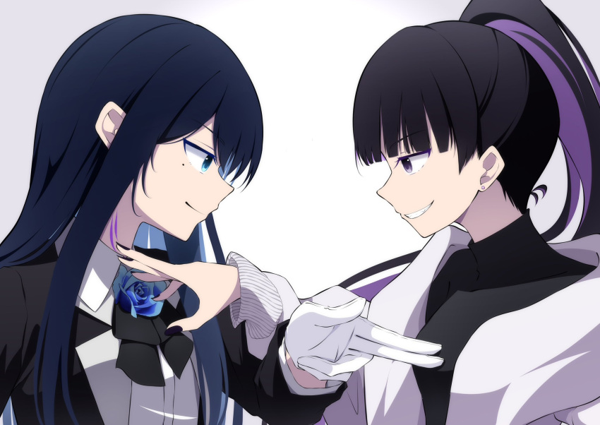 2girls ado_(utaite) black_bow black_bowtie black_coat black_hair black_nails black_shirt blue_flower blue_hair blue_rose bow bowtie breasts chando_(ado) clenched_hands closed_mouth cloud_nine_inc coat collared_shirt colored_inner_hair commentary_request company_connection dress_shirt earrings eye_contact floating_hair flower flower_brooch gloves highres jacket jewelry lone_nape_hair long_hair long_sleeves looking_at_another medium_breasts mole mole_under_eye multicolored_hair multiple_girls nail_polish nori_(norinori_yrl) open_clothes open_jacket pointing pointing_at_another ponytail purple_hair rose shirt sidelocks simple_background smile stud_earrings turtleneck upper_body utaite violet_eyes white_background white_gloves white_jacket white_shirt yoshino_(utaite)