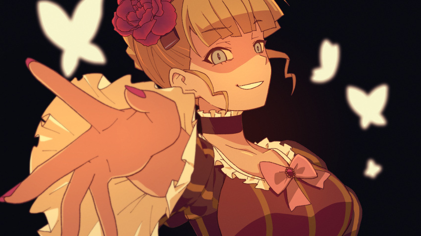1girl beatrice_(umineko) black_background black_dress blonde_hair blue_eyes blurry blurry_background bow bowtie braid breasts bug butterfly collar collarbone dress empty_eyes evil_smile french_braid frills highres large_breasts looking_at_viewer outstretched_hand pink_nails pov reaching reaching_towards_viewer red_bow red_bowtie shaded_face sidelocks smile solo teeth tonogai_yoshiki umineko_no_naku_koro_ni