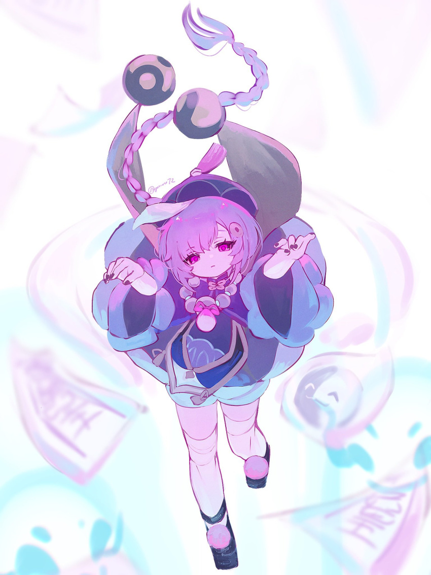 1girl artist_name bead_necklace beads black_nails braid braided_ponytail coin_hair_ornament floating_hair full_body genshin_impact hair_ornament hat highres jewelry jiangshi long_hair long_sleeves looking_at_viewer necklace ofuda_on_head orb outstretched_arms purple_hair purple_headwear qingdai_guanmao qiqi_(genshin_impact) solo thigh-highs violet_eyes white_thighhighs wide_sleeves yin_yang yin_yang_orb yu_no72 zombie_pose