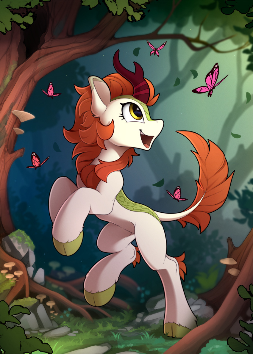 1girl autumn_blaze brown_eyes brown_hair bug butterfly grass highres horns kirin_(mlp) my_little_pony my_little_pony:_friendship_is_magic no_humans open_mouth outdoors pink_butterfly single_horn solo tail tree white_fur yakovlev-vad