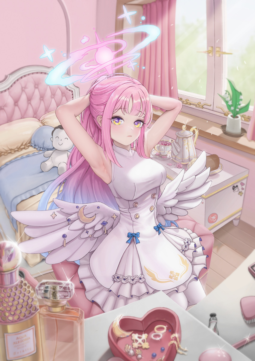 1girl absurdres adjusting_hair angel_wings aqua_halo armpits arms_up bare_arms bed bedroom blue_archive blue_bow blue_hair blush bottle bow box breasts cake chair character_doll closed_mouth comb commentary crescent cross cup curtains day dessert doodle_sensei_(blue_archive) dress feathered_wings food frilled_dress frills glint gradient_halo halo heart heart-shaped_box heart_print high_ponytail highres indoors italian_text jewelry jewelry_box kuromi large_breasts light_blue_hair long_hair looking_at_viewer lotion low_wings mika_(blue_archive) multicolored_hair naeaemgung necklace onegai_my_melody pantyhose parted_bangs perfume_bottle pillow pink_curtains pink_hair pink_halo pink_lips pink_petals plant plate potted_plant reflection ring sanrio sensei_(blue_archive) sitting sleeveless sleeveless_dress solo star_(symbol) star_print swiss_roll table teacup teapot tree two-tone_eyes two-tone_hair underbust unworn_earring unworn_hair_ornament unworn_jewelry unworn_necklace violet_eyes white_dress white_pantyhose white_wings window wings wooden_floor yellow_eyes