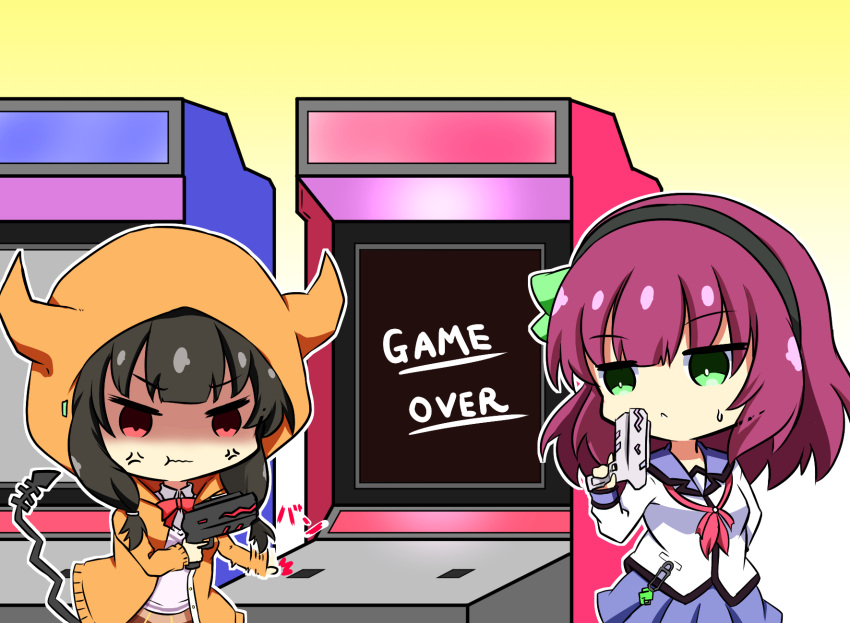 2girls :&lt; angel_beats! anger_vein angry arcade asakura_karen_(heaven_burns_red) black_hair black_hairband blue_sailor_collar blunt_bangs bright_pupils chibi chibi_only closed_mouth commentary_request cowboy_shot frown game_over green_eyes gun hairband hand_up handgun heaven_burns_red highres holding holding_gun holding_weapon hood hood_up hooded_jacket jacket jitome long_sleeves low_twintails motion_lines multiple_girls nakamura_yuri neckerchief open_clothes open_jacket orange_jacket pink_neckerchief pout purple_hair red_eyes sailor_collar sekibaracheice shaded_face shinda_sekai_sensen_uniform shirt simple_background sound_effects sweatdrop twintails v-shaped_eyebrows wavy_mouth weapon white_pupils white_shirt yellow_background