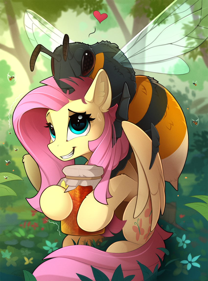 1girl blue_eyes fluttershy grass heart highres honey insect_wings long_hair looking_at_another my_little_pony my_little_pony:_friendship_is_magic no_humans outdoors oversized_insect pegasus pink_hair teeth tree wasp wings yakovlev-vad yellow_fur