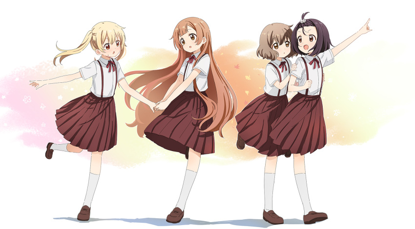 4girls abe_kanari arm_up autumn_leaves black_hair blonde_hair bow bowtie brown_eyes brown_footwear brown_hair brown_skirt clenched_hand collared_shirt commentary cube_hair_ornament falling_leaves flower_(symbol) forehead full_body gradient_background hair_ornament hand_on_another's_chest hand_on_another's_shoulder high_ponytail highres holding_hands index_finger_raised leaf leg_up light_brown_hair loafers long_hair looking_at_another multicolored_background multiple_girls ogawa_kokoro oomuro-ke oomuro_hanako open_mouth orange_background pink_background pleated_skirt red_bow red_bowtie red_eyes school_uniform shadow shirt shoes short_hair short_sleeves skirt smile socks souma_mirai suspender_skirt suspenders sweatdrop takasaki_misaki_(yuru_yuri) twintails v-shaped_eyebrows very_long_hair white_background white_shirt white_socks yellow_background yuru_yuri