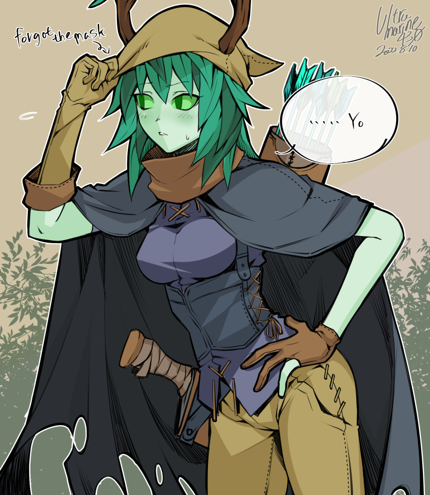 1girl absurdres adjusting_clothes adjusting_headwear adventure_time arm_up asymmetrical_gloves averting_eyes blue_cloak blue_tunic blush breasts brown_gloves brown_headwear brown_pants cloak colored_skin corset cowboy_shot dated english_text gloves green_eyes green_hair green_skin grin hand_on_own_hip head_scarf highres huntress_wizard knife knife_sheath leaf medium_breasts medium_hair mismatched_gloves no_mask pants parted_lips partially_fingerless_gloves plant_hair sheath sheathed shin_(ultramarine430) signature slit_pupils smile solo speech_bubble sweat talking