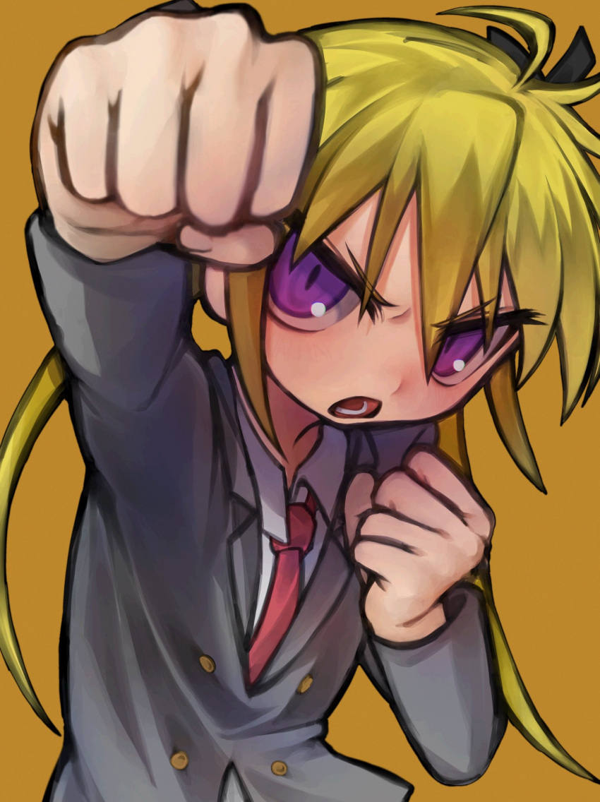 1girl ahoge angry arm_up black_ribbon blazer blonde_hair blush clenched_hands collared_shirt commentary_request foreshortening frown glaring grey_jacket hair_ribbon highres incoming_attack incoming_punch jacket kill_me_baby looking_at_viewer necktie open_mouth punching red_necktie ribbon sanpaku school_uniform shirt simple_background solo sonya_(kill_me_baby) twintails uee_m upper_body v-shaped_eyebrows violet_eyes white_shirt yellow_background