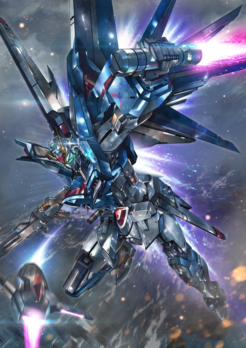beam_rifle beam_saber commentary dual_wielding energy_gun exhaust flying foreshortening full_body glowing glowing_eyes green_eyes gun gundam gundam_seed gundam_seed_freedom highres holding holding_gun holding_sword holding_weapon mecha mecha_focus mechanical_wings mobile_suit motion_blur no_humans outdoors outstretched_arms overcast paintedmike reverse_grip rising_freedom_gundam robot science_fiction sky solo sword v-fin weapon wings