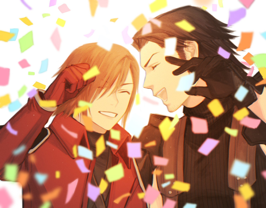2boys angeal_hewley armor black_gloves black_hair black_shirt black_sweater brown_hair celebration chest_strap clenched_hand closed_eyes confetti crisis_core_final_fantasy_vii d8j0j dangle_earrings earrings facial_hair final_fantasy final_fantasy_vii genesis_rhapsodos gloves grin hair_over_one_eye hand_up happy highres jacket jewelry male_focus multiple_boys open_mouth pauldrons red_gloves red_jacket shirt short_hair shoulder_armor shoulder_pads single_earring smile suspenders sweater turtleneck_shirt upper_body white_background