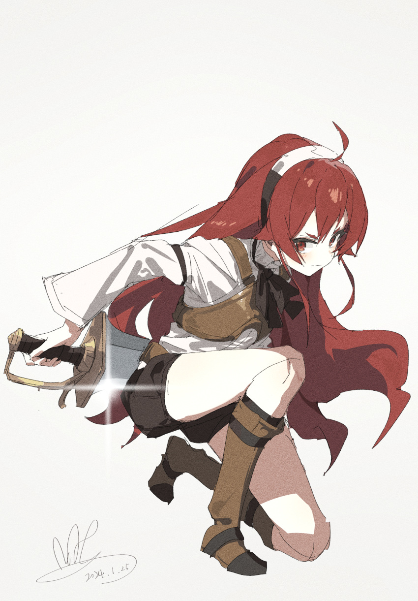 1girl absurdres ahoge armor belt black_bow black_bowtie black_hairband black_shorts boots bow bowtie breastplate brown_belt brown_footwear closed_mouth eris_greyrat hair_between_eyes hairband highres long_hair long_sleeves looking_at_viewer mushoku_tensei qtian red_eyes redhead shirt shorts solo standing standing_on_one_leg sword weapon white_shirt