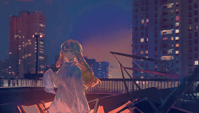 1girl blonde_hair blue_eyes city closed_mouth collar collared_dress cowboy_shot dress dusk eyelashes frilled_collar frilled_sleeves frills frown hand_up high_collar highres lamppost lobelia_(saclia) long_hair long_sleeves marking_on_cheek night night_sky nightgown original railing sky sleeves_past_fingers sleeves_past_wrists solo star_on_cheek white_dress white_nightgown white_sleeves