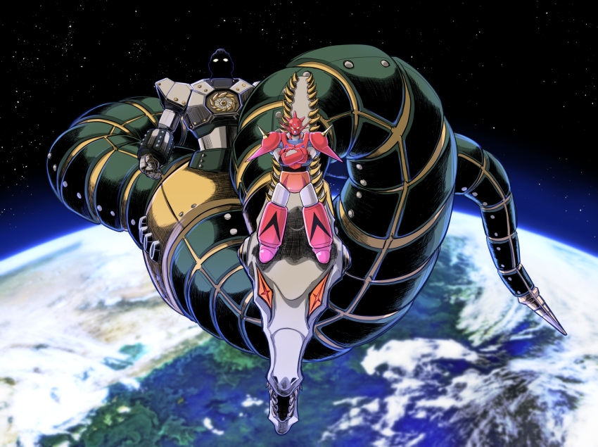armor blue_armor crossed_arms earth_(planet) facing_viewer getter_dragon getter_robo getter_robo_g green_armor highres mecha multicolored_armor no_humans non-humanoid_robot planet red_armor red_eyes robot robot_animal robot_dragon science_fiction shaded_face sharp_teeth shoulder_spikes space spikes super_robot teeth uzaara white_armor yellow_armor yellow_eyes zatou_(kirsakizato)