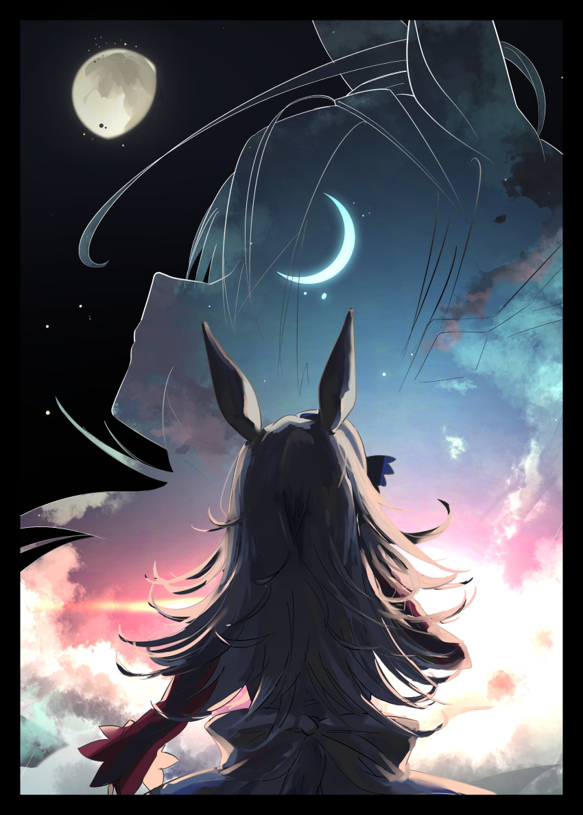 1girl absurdres animal_ears black_hair bow clouds crescent_moon dawn from_behind highres horse_ears horse_girl long_hair moon night night_sky qralto rice_shower_(umamusume) sky solo star_(sky) umamusume upper_body