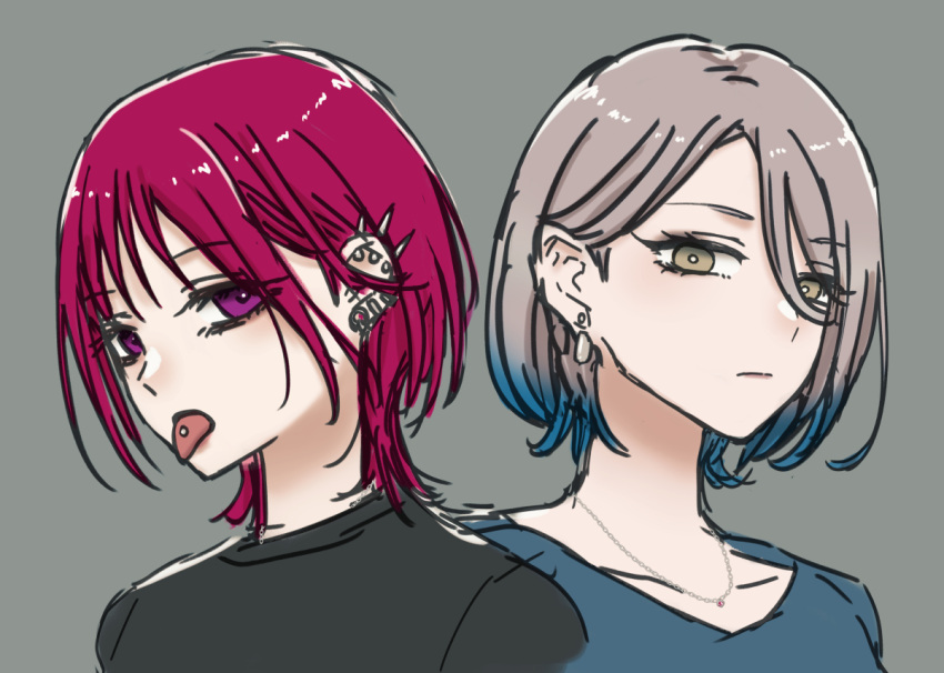 2girls black_shirt blue_hair blue_shirt closed_mouth collarbone colored_tips commentary_request ear_piercing earrings grey_background grey_eyes grey_hair jewelry looking_at_viewer multicolored_hair multiple_girls necklace original piercing purple_hair sakashima_0822 shirt short_hair simple_background sketch spiked_ear_piercing tongue tongue_out tongue_piercing two-tone_hair upper_body violet_eyes wolf_cut