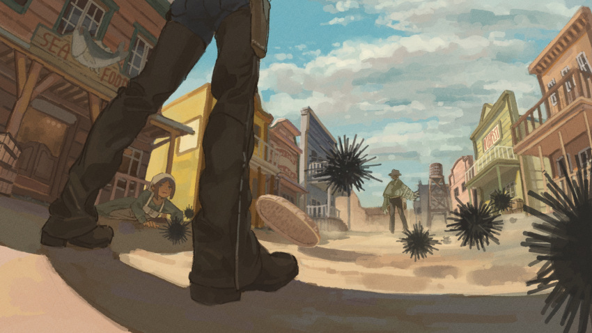 1girl 2boys boots brown_headwear building cityscape clouds cloudy_sky cowboy cowboy_boots cowboy_hat cowboy_western desert duel from_below hat holster multiple_boys others_(gogo-o) outdoors sand scenery sea_urchin sky wide_shot