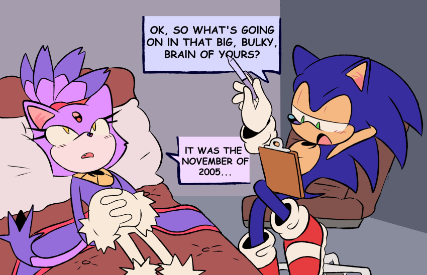 1boy 1girl bad_id bad_twitter_id blaze_the_cat blue_fur chair forehead_jewel fur-trimmed_gloves fur_trim furry furry_female furry_male gloves green_eyes highres holding holding_pen lying on_back open_mouth pants pen pillow ponytail purple_fur red_footwear sonic_(series) sonic_the_hedgehog speech_bubble stellarspin white_gloves white_pants yellow_eyes