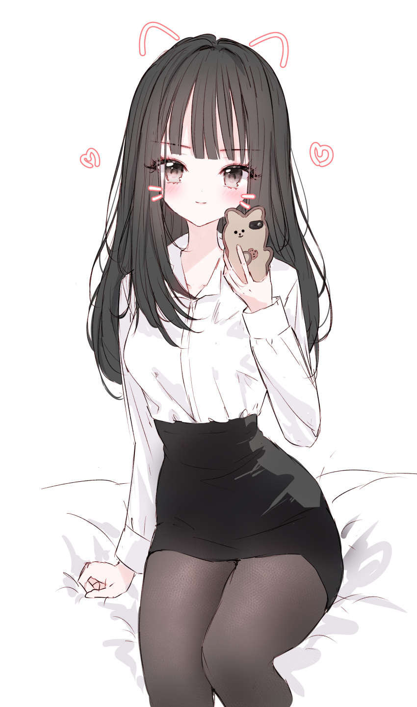 1girl absurdres bed_sheet black_hair black_pantyhose black_skirt blush brown_eyes cellphone closed_mouth collared_shirt commentary drawn_ears drawn_whiskers dress_shirt feet_out_of_frame hand_up heart highres holding holding_phone long_hair long_sleeves looking_at_viewer original pantyhose pencil_skirt phone shirt simple_background sitting skirt smile solo tandohark white_background white_shirt