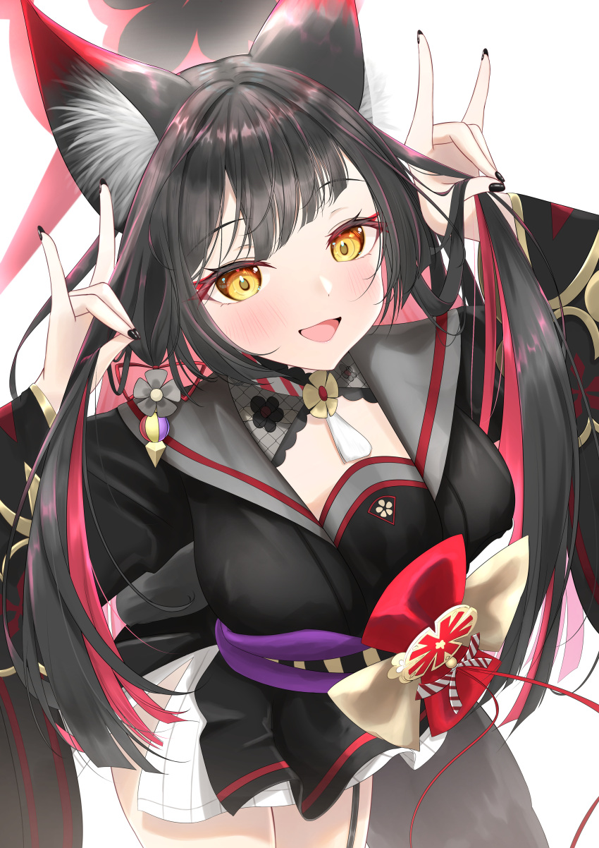 1girl :d absurdres animal_ears black_dress black_hair black_nails blue_archive blush breasts commentary_request double_fox_shadow_puppet dress flower fox_ears fox_girl fox_shadow_puppet fox_tail hair_flower hair_ornament halo hands_up happy highres long_hair looking_at_viewer medium_breasts multicolored_hair nail_polish red_halo redhead smile solo tail tsuri_pi two-tone_hair very_long_hair wakamo_(blue_archive) yellow_eyes
