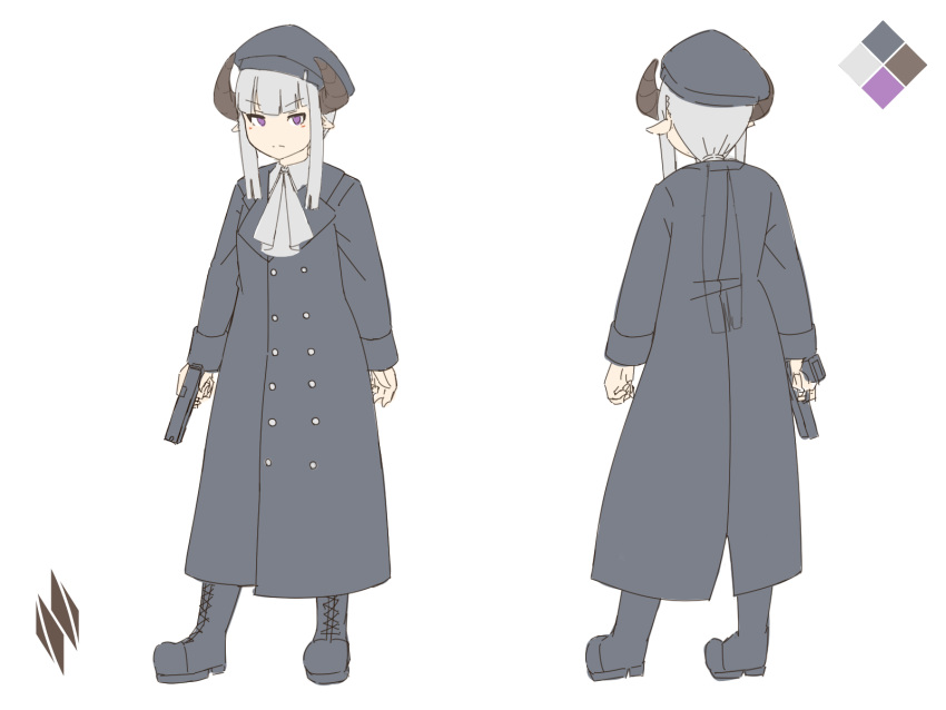 &gt;:( 1girl beret black_coat black_footwear black_headwear boots coat color_guide cross-laced_footwear frown grey_hair gun handgun hat highres holding holding_gun holding_weapon horns kuro_kosyou lace-up_boots long_hair multiple_views original pointy_ears standing turnaround v-shaped_eyebrows violet_eyes weapon