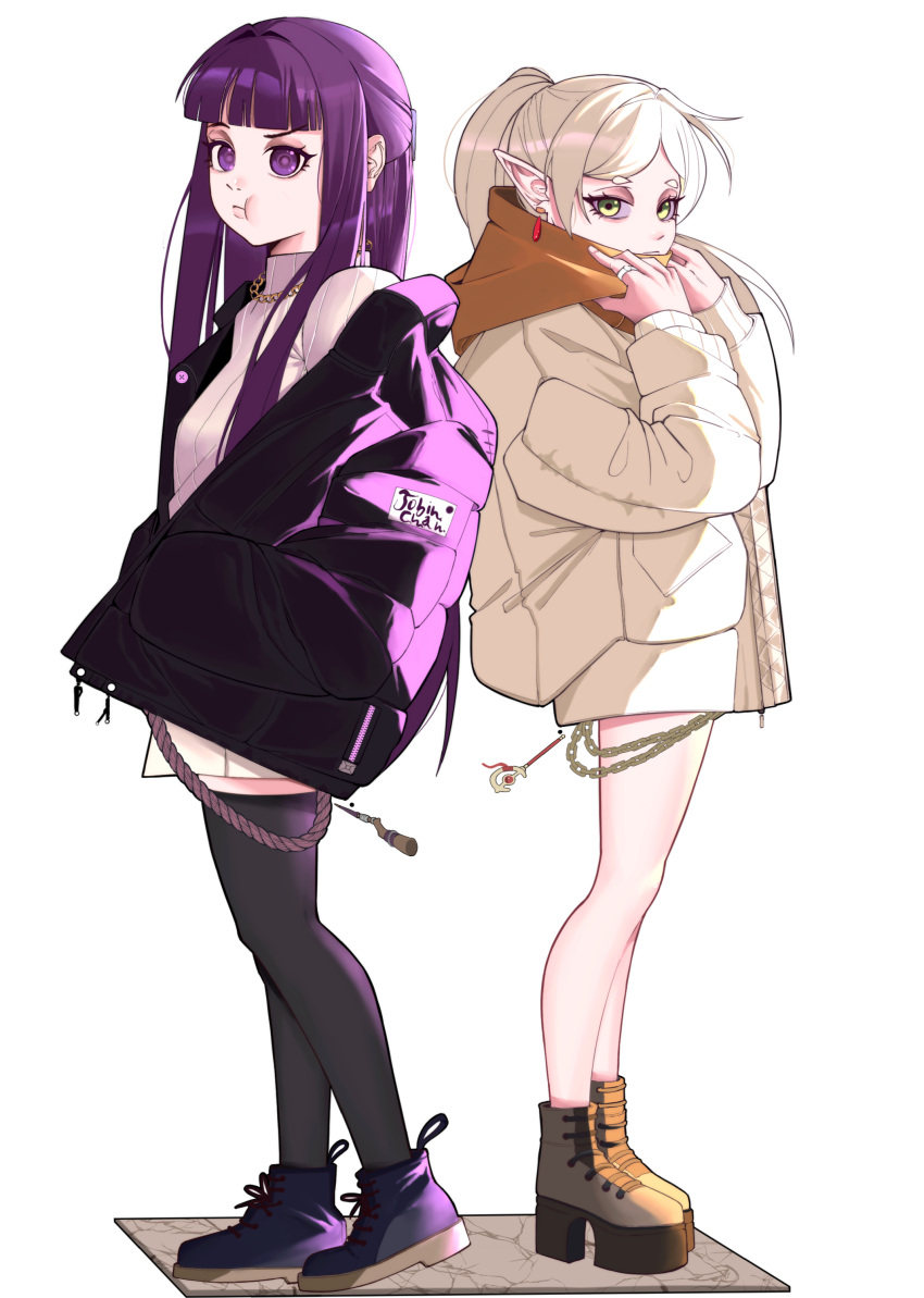 2girls :t absurdres baggy_clothes bare_legs coat commentary dangle_earrings drop_earrings earrings elf english_commentary fashion fern_(sousou_no_frieren) frieren highres jewelry jobin_chan legs long_hair looking_at_viewer mage_staff multiple_girls nemophila_(flower) pointy_ears purple_hair sousou_no_frieren violet_eyes white_hair winter_clothes