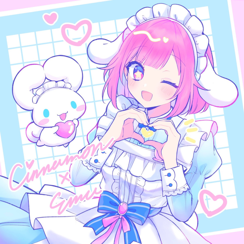 1girl :d alternate_costume apron blue_bow blue_shirt blue_skirt blush border bow brooch center_frills character_name cinnamoroll collared_shirt cowboy_shot dutch_angle enmaided frilled_apron frills heart heart_hands highres inset_border jewelry juliet_sleeves long_sleeves looking_at_viewer maid maid_headdress notice_lines one_eye_closed ootori_emu open_mouth pink_border pink_eyes pink_hair pnyo_emc project_sekai puffy_sleeves rabbit sanrio shirt skirt sleeve_cuffs smile solo star-shaped_pupils star_(symbol) striped_bow symbol-shaped_pupils tile_background vocaloid waist_bow white_apron