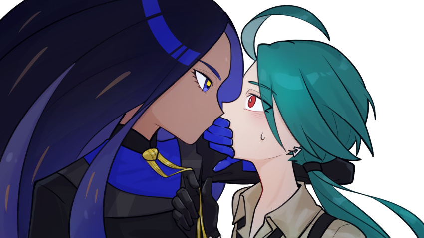 2girls ahoge black_hair black_jacket blush bright_pupils collared_shirt commentary_request covering_another's_mouth dark-skinned_female dark_skin earrings eye_contact from_side geeta_(pokemon) gloves green_hair highres jacket jewelry long_hair looking_at_another molingxiang_chimangguo multiple_girls neck_ribbon pokemon pokemon_sv red_eyes ribbon rika_(pokemon) shirt simple_background suspenders sweatdrop white_background white_pupils yellow_ribbon yuri