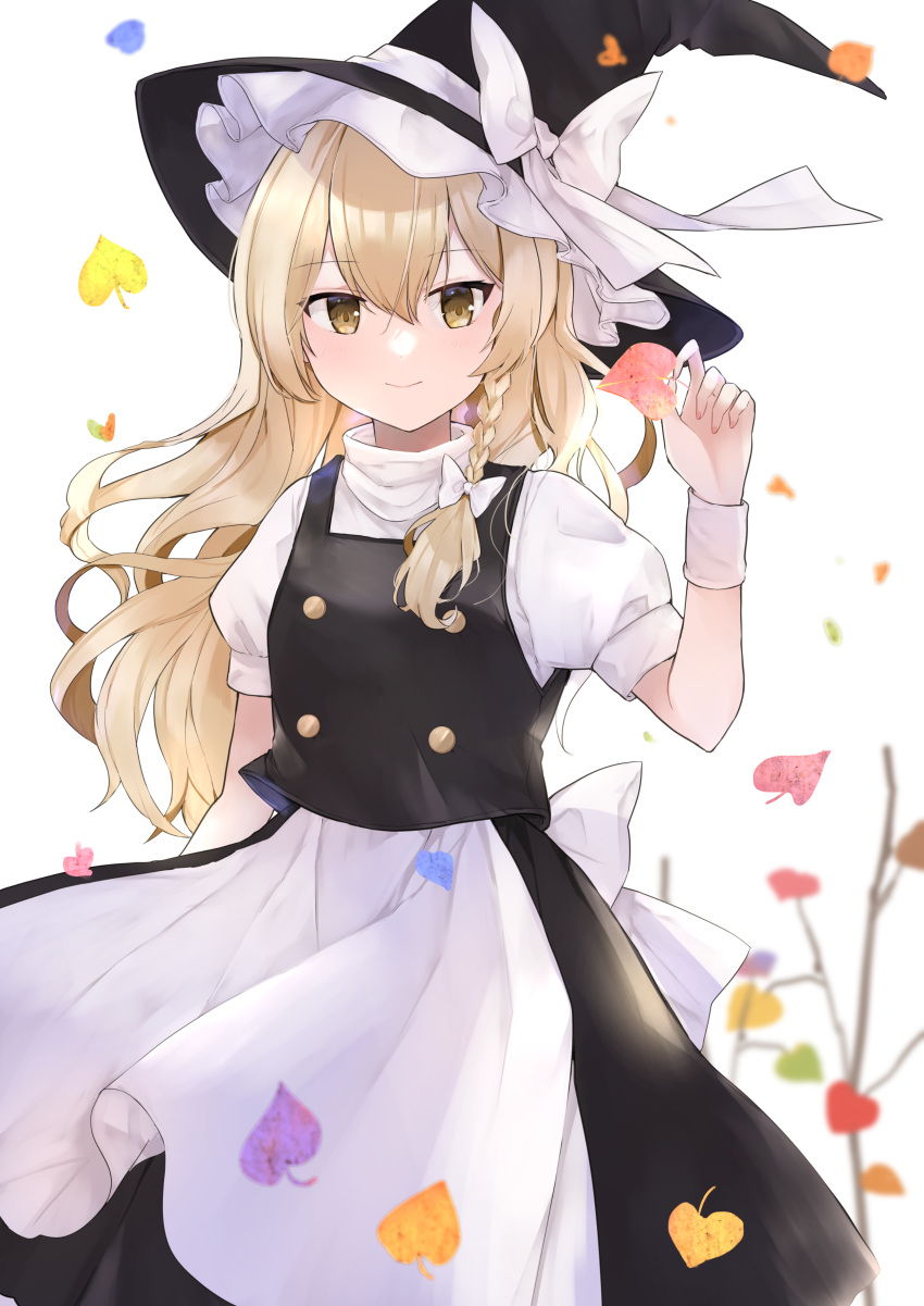 1girl absurdres apron bare_tree black_headwear black_vest blonde_hair bow braid closed_mouth commentary_request hat hat_bow highres kirisame_marisa leaf long_hair looking_at_viewer short_sleeves side_braid simple_background single_braid smile solo touhou tree turtleneck vest waist_apron white_apron white_background white_bow witch_hat yellow_eyes yurara_(aroma42enola)