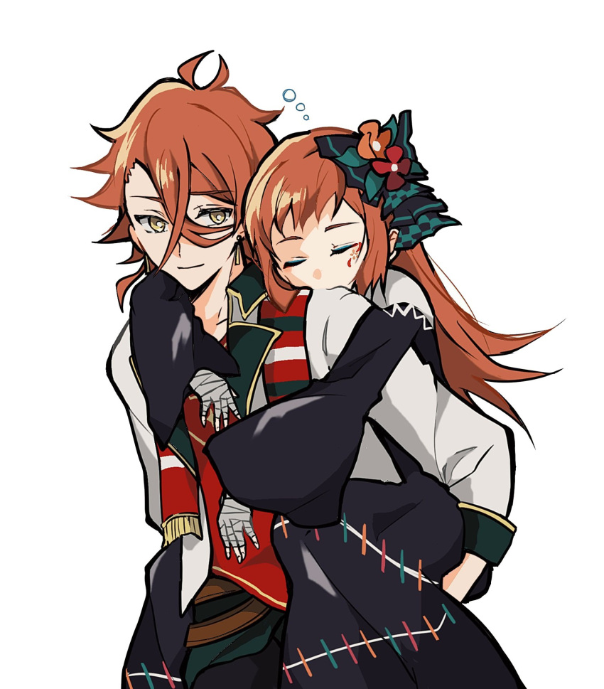 1boy 1girl bandaged_arm bandages brother_and_sister carrying closed_eyes closed_mouth earrings fire_emblem fire_emblem_engage hair_ornament highres jewelry long_sleeves looking_at_another oda32t orange_hair pandreo_(fire_emblem) panette_(fire_emblem) piggyback siblings sleeping white_background yellow_eyes