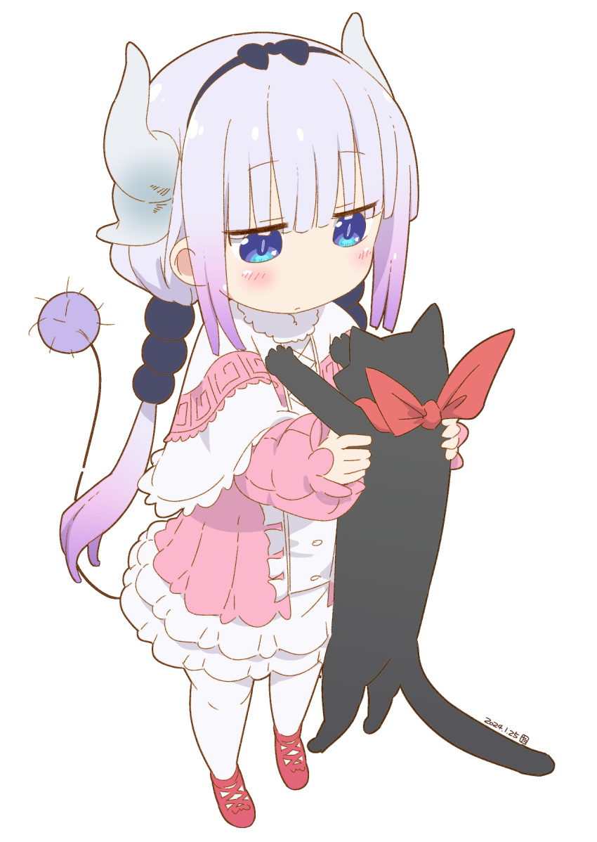 1girl animal black_bow black_cat blue_eyes blush bow capelet cat closed_mouth commentary_request crossover dragon_girl dragon_horns dress gradient_hair hair_bow hair_ornament hairband highres holding holding_animal holding_cat horns jitome kanna_kamui kobayashi-san_chi_no_maidragon long_hair long_sleeves multicolored_hair nichijou pink_dress purple_hair red_footwear sakamoto_(nichijou) samansa_ex shoes solo standing tail thigh-highs twintails two-tone_hair white_background white_hair