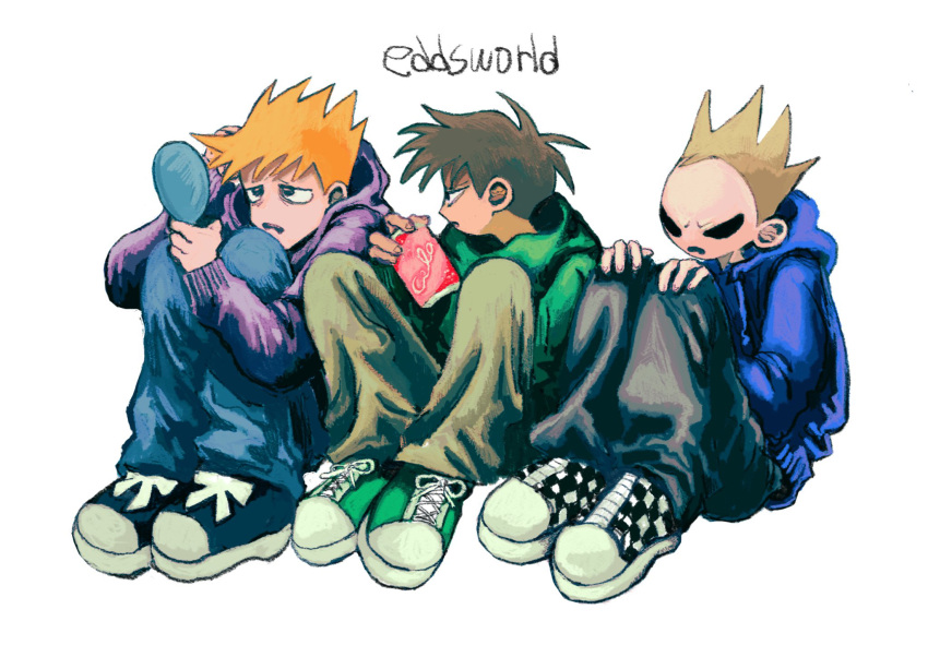 3boys adjusting_hair black_eyes blue_hoodie brown_hair brown_pants can cola commentary_request copyright_name denim denpa_shougai drink_can edd_(eddsworld) eddsworld frown full_body furrowed_brow green_hoodie hand_in_own_hair hand_mirror hand_on_knees hand_up highres holding holding_can holding_mirror hood hood_down hoodie jeans knees_up lineup long_sleeves looking_at_another looking_at_mirror looking_to_the_side male_focus matt_(eddsworld) mirror multiple_boys no_eyebrows open_mouth orange_hair pants purple_hoodie shoes short_hair simple_background sitting sneakers soda_can solid_eyes spiky_hair tom_(eddsworld)