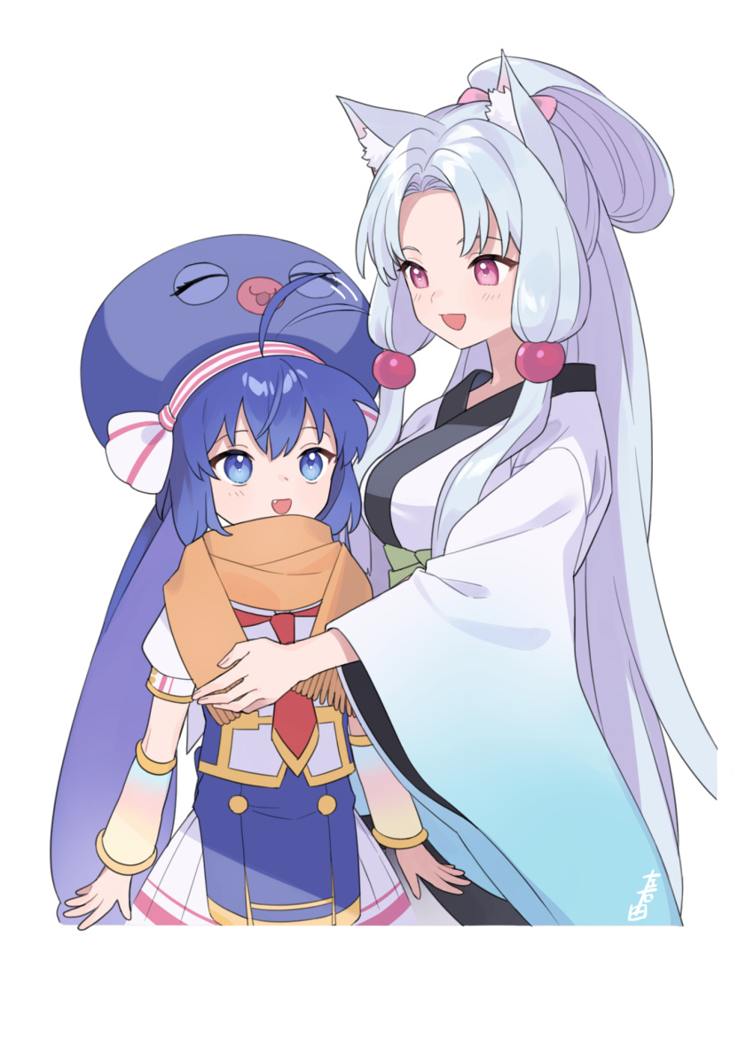 2girls :d ahoge animal_ear_fluff animal_ears arm_warmers arms_at_sides blue_eyes blue_hair blue_headwear breasts eel_hat fang folded_ponytail fox_ears gradient_clothes grey_hair hat height_difference highres japanese_clothes kimono large_breasts long_hair long_sleeves looking_ahead looking_at_another looking_down low-tied_sidelocks miniskirt multiple_girls necktie orange_scarf otomachi_una parted_bangs pleated_skirt red_eyes red_necktie scarf shirt sidelocks simple_background skirt smile suiso_sn3 touhoku_itako twintails very_long_hair vocaloid voiceroid white_background white_kimono white_shirt white_skirt wide_sleeves
