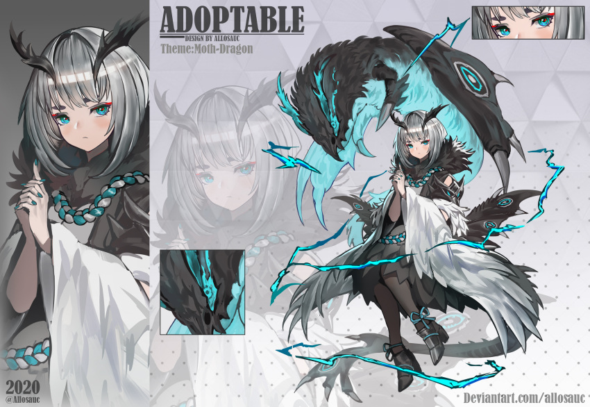 1girl 2020 adoptable allosauc aqua_belt aqua_eyes aqua_nails aqua_ribbon artist_name bare_shoulders belt black_footwear black_horns black_kimono black_wings boots close-up closed_mouth commentary cowboy_shot detached_sleeves deviantart_username dragon dragon_horns dragon_tail dragon_wings english_commentary english_text eyelashes eyeliner eyeshadow feather_sleeves footwear_ribbon full_body gradient_background grey_background grey_eyeshadow grey_pantyhose high_heel_boots high_heels highres horns interlocked_fingers japanese_clothes kimono light_blush light_frown looking_at_viewer makeup mini_wings multiple_views nail_polish original own_hands_clasped own_hands_together pantyhose polka_dot polka_dot_background projected_inset red_eyeliner reference_sheet ribbon rope_belt rope_necklace short_hair_with_long_locks simple_background sleeveless sleeveless_kimono tail triangle_background turtleneck two-tone_belt white_belt white_hair white_sleeves wide_sleeves wings