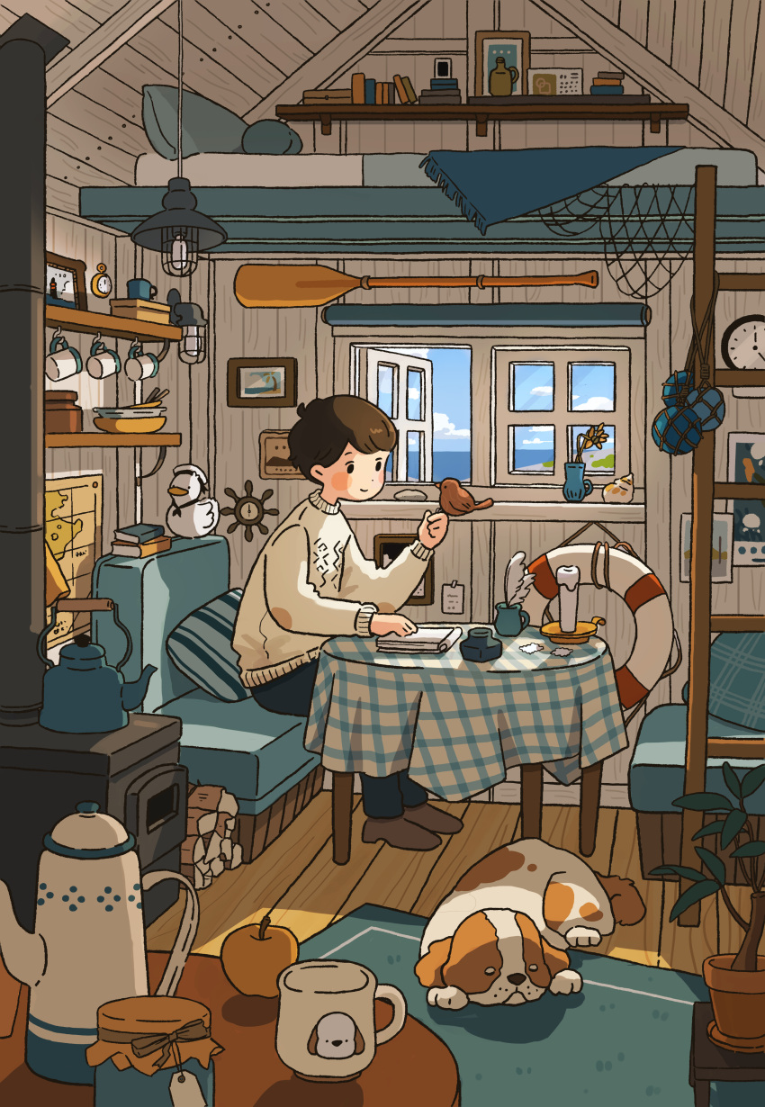 1boy absurdres apple beach bed bird bird_on_hand blue_sky book brown_hair candle clock clouds cloudy_sky cup day dog duck firewood flower food fruit furnace highres indoors ladder lamp male_focus map marunoki mug ocean open_window original plant potted_plant rug rural scenery short_hair sitting sky smile sweater table window wooden_table