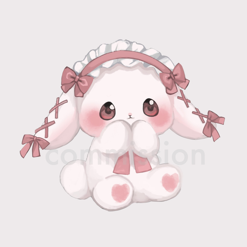 blush closed_mouth commentary commission ear_ribbon floppy_ears frilled_hairband frills full_body hairband hands_up highres looking_at_viewer neck_ribbon no_humans original rabbit red_eyes red_ribbon ribbon shiona_(siona0625) simple_background sitting symbol-only_commentary watermark