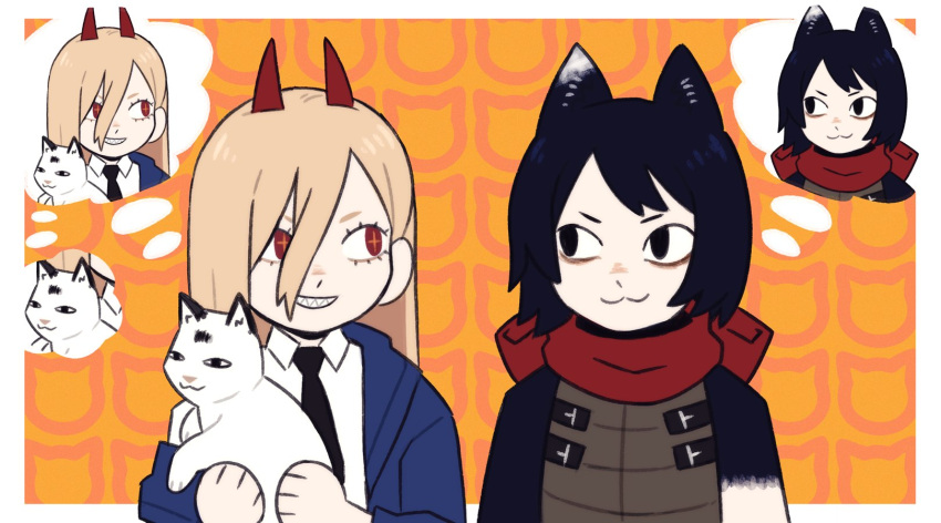 2girls :3 animal animal_background animal_ears animal_hands armor black_eyes black_hair black_necktie blonde_hair blue_jacket body_fur cat cat_ears cat_girl chainsaw_man closed_mouth collared_shirt commentary cross-shaped_pupils crossover demon_horns dungeon_meshi english_commentary eye_contact grin hair_between_eyes highres holding holding_animal horns izutsumi jacket jbbetz leather_armor long_hair long_sleeves looking_at_another mismatched_animal_ear_colors multiple_girls necktie off_shoulder orange_background outside_border power_(chainsaw_man) red_eyes red_horns red_scarf scarf sharp_teeth shirt short_hair side-by-side sideways_glance sleeveless smile spoken_character symbol-shaped_pupils teeth thought_bubble trait_connection upper_body white_shirt