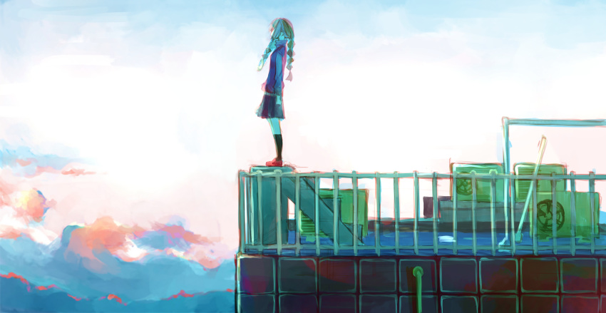 1girl absurdres air_conditioner black_skirt black_socks broom brown_hair clouds day hair_over_face highres industrial_pipe kneehighs long_hair long_sleeves madotsuki outdoors purple_shirt railing red_footwear shirt shoes skirt sky socks solo stairs standing twintails yori_(f2_ef7) yume_nikki