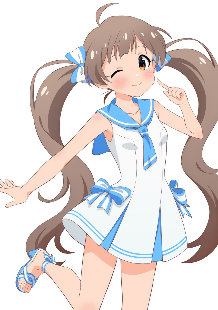 1girl ahoge bare_shoulders blue_bow blue_footwear blue_neckerchief blue_ribbon blue_sailor_collar blush bow breasts brown_eyes brown_hair closed_mouth collarbone cowboy_shot dot_nose dress goma_konbu hair_bow hair_ribbon hakozaki_serika hand_up highres idolmaster idolmaster_million_live! idolmaster_million_live!_theater_days index_finger_raised leg_up long_hair looking_at_viewer neckerchief one_eye_closed outstretched_arm ribbon sailor_collar sandals simple_background sleeveless sleeveless_dress small_breasts smile solo standing standing_on_one_leg twintails very_long_hair white_background white_dress