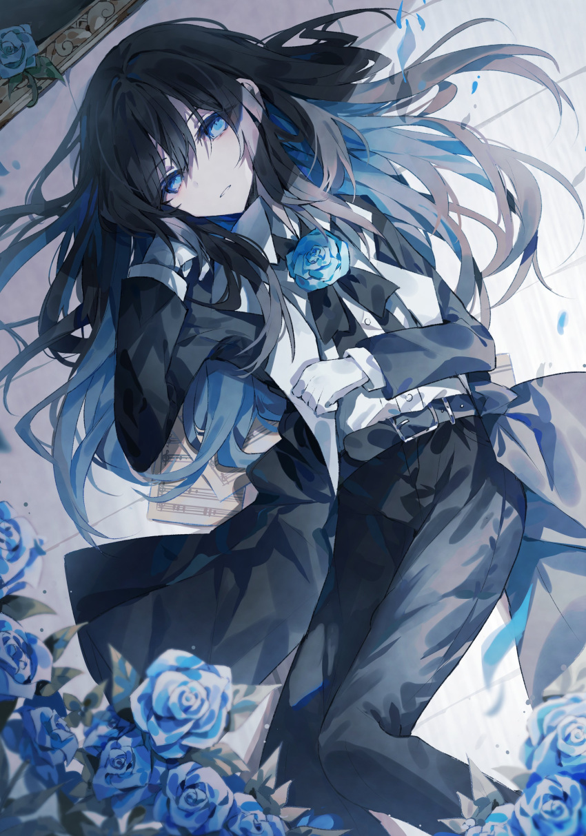 1girl absurdres ado_(utaite) belt belt_buckle black_belt black_bow black_bowtie black_coat black_hair black_pants blue_eyes blue_flower blue_hair blue_rose bow bowtie buckle chando_(ado) cloud_nine_inc coat collared_shirt colored_inner_hair commentary_request dress_shirt flower flower_brooch gloves hair_between_eyes highres long_hair long_sleeves looking_at_viewer multicolored_hair open_clothes open_coat pants parted_lips rose shadow sheet_music shirt sidelocks solo umemaro_(siona0908) utaite white_gloves white_shirt