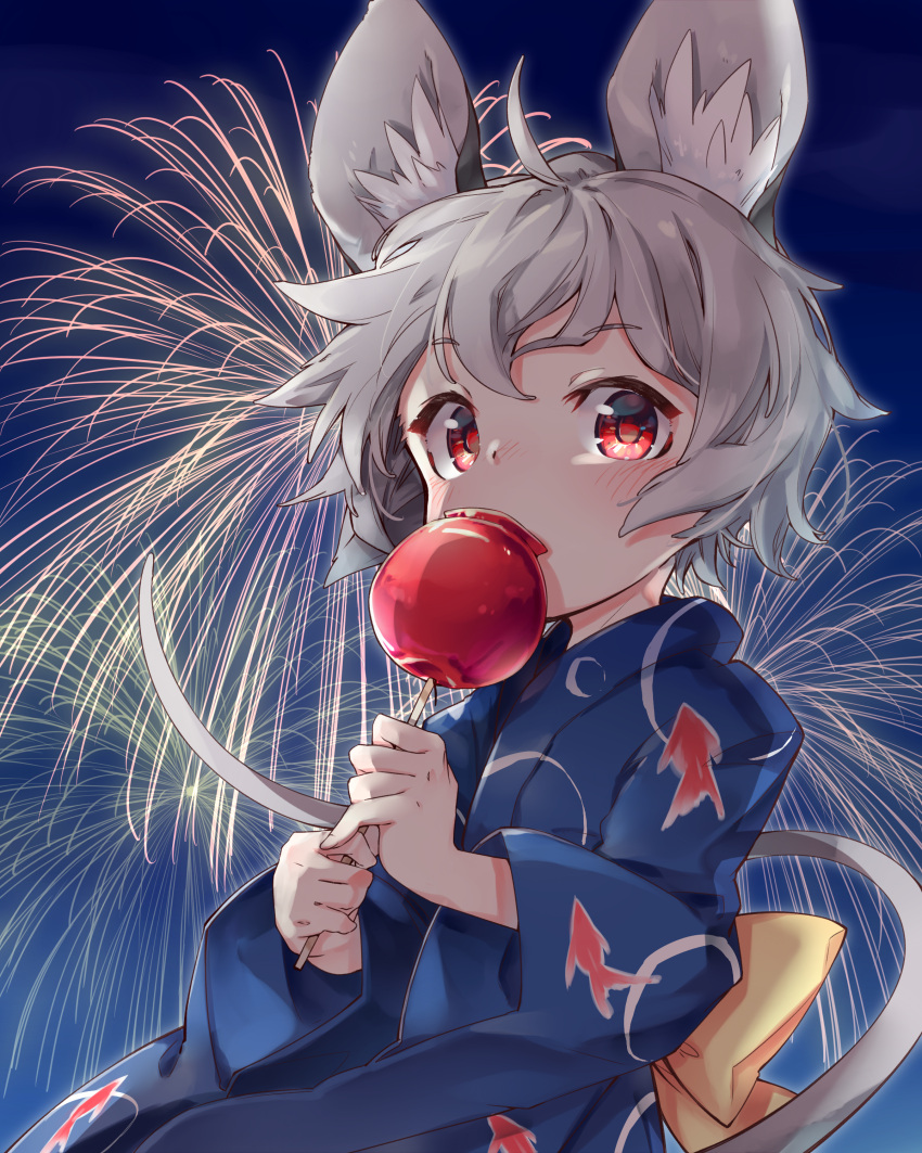 absurdres animal_ears animal_print apple blue_sky bow candy_apple festival fireworks fish_print food fruit grey_hair highres holding holding_food japanese_clothes kibayashi_kimori long_sleeves looking_at_viewer mouse mouse_ears mouse_girl mouse_tail nazrin red_eyes short_hair sky tail touhou wide_sleeves yellow_bow