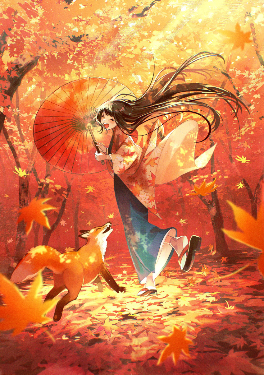 1girl ^_^ absurdres animal autumn autumn_leaves blue_kimono blurry brown_hair closed_eyes day depth_of_field falling_leaves floating_clothes floating_hair fox from_behind haori highres holding holding_umbrella jacket japanese_clothes kimono leaf leaf_print long_hair maple_leaf maple_leaf_print nature oil-paper_umbrella open_mouth original outdoors playing print_jacket red_theme sandals socks sunlight tabi toumin_(onemunemu99) umbrella very_long_hair walking white_socks wide_shot wind zouri