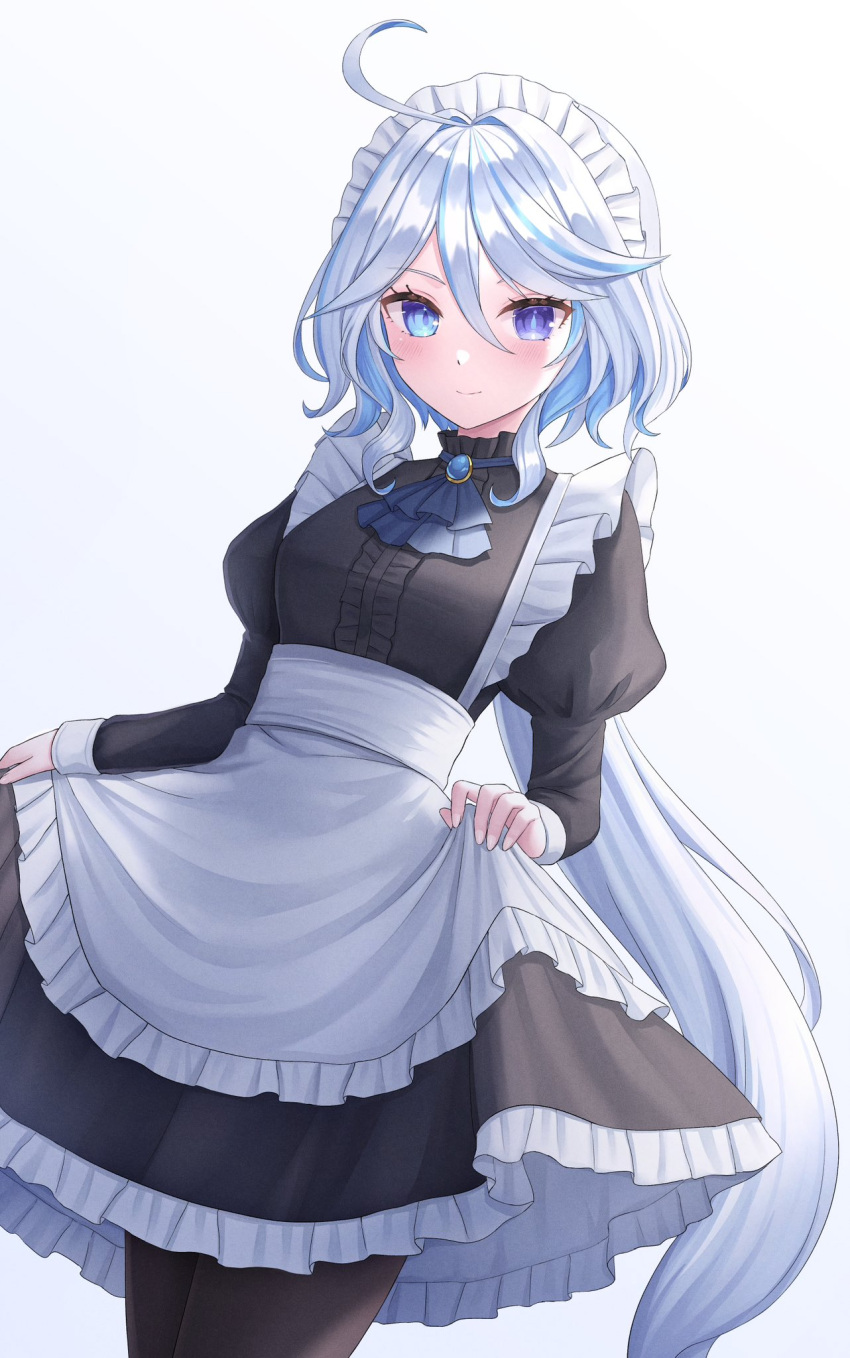 ahoge alternate_costume apron black_dress black_pantyhose blue_eyes closed_mouth dress drop-shaped_pupils enmaided frilled_apron frilled_dress frills furina_(genshin_impact) genshin_impact hair_between_eyes heterochromia highres long_hair long_sleeves looking_at_viewer maid maid_apron maid_headdress mismatched_pupils pantyhose seungju_lee simple_background smile solo violet_eyes white_apron white_hair