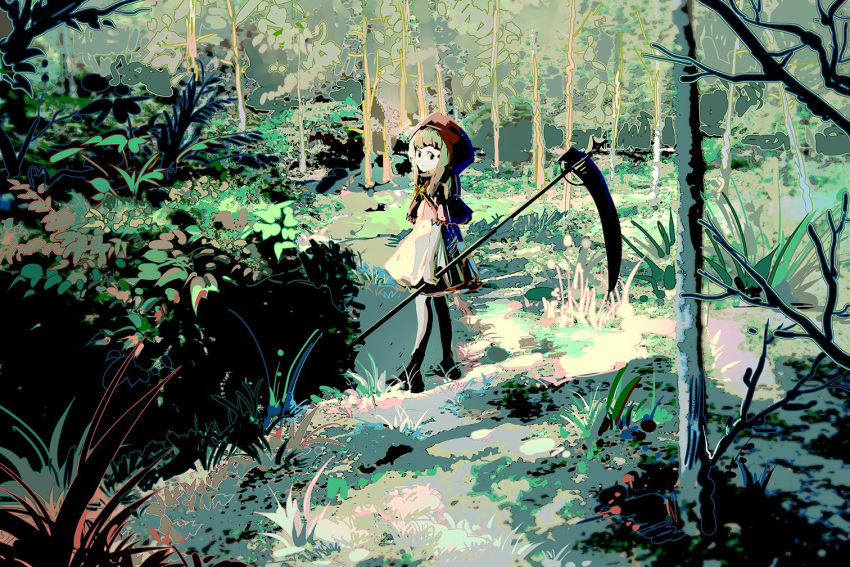 1girl black_eyes black_footwear blonde_hair blunt_bangs bush capelet closed_mouth day dress forest frown full_body grass holding holding_scythe hood hood_up hooded_capelet lace-trimmed_capelet lace_trim lobelia_(saclia) long_hair nature original outdoors red_capelet red_hood scythe shoes short_dress solo white_dress