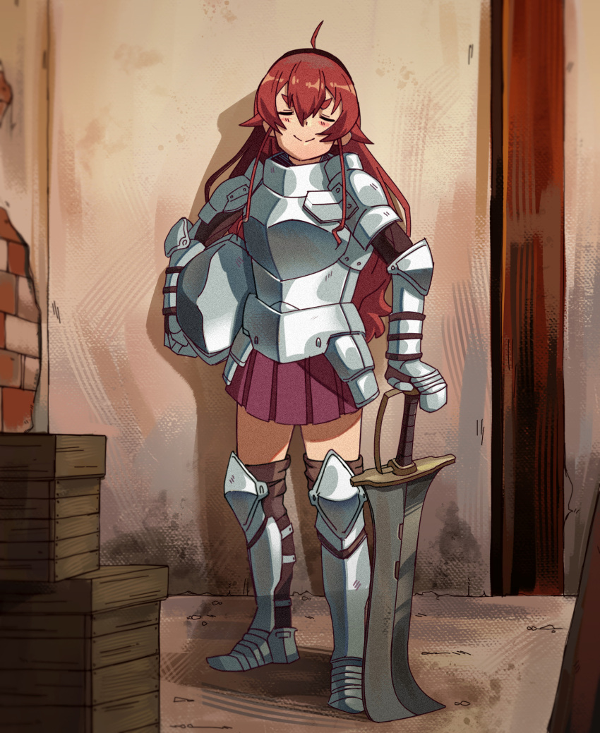 1girl ahoge armor black_hairband blush breastplate brick_wall closed_eyes closed_mouth eris_greyrat full_body gauntlets greaves hairband helm helmet highres holding holding_helmet holding_sword holding_weapon long_hair mushoku_tensei plate_armor rappenem red_skirt redhead shoulder_armor skirt smile solo sword thick_eyebrows weapon wooden_box