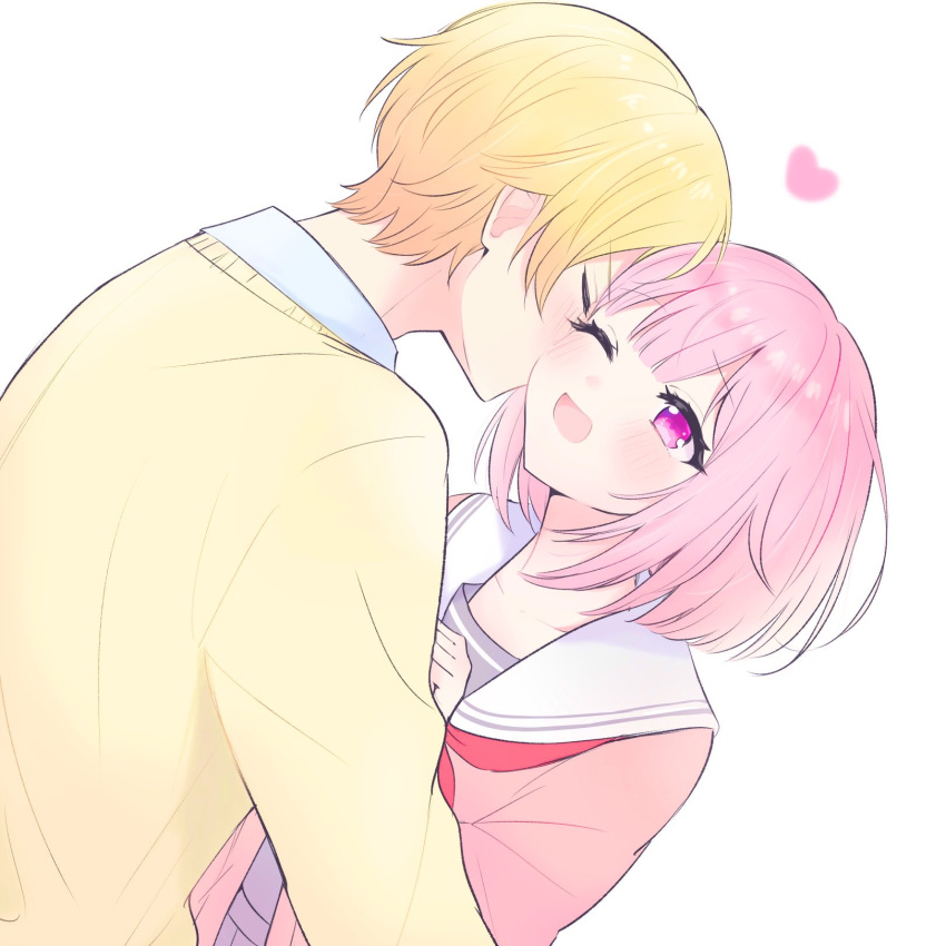 1boy 1girl :d blush cardigan closed_eyes collarbone dutch_angle facing_another from_side grey_shirt heart hetero highres long_sleeves looking_at_another neckerchief one_eye_closed ootori_emu open_mouth orange_hair pink_cardigan pink_eyes pink_hair pnyo_emc profile project_sekai red_neckerchief sailor_collar shirt simple_background smile tenma_tsukasa upper_body white_background white_sailor_collar white_shirt yellow_cardigan