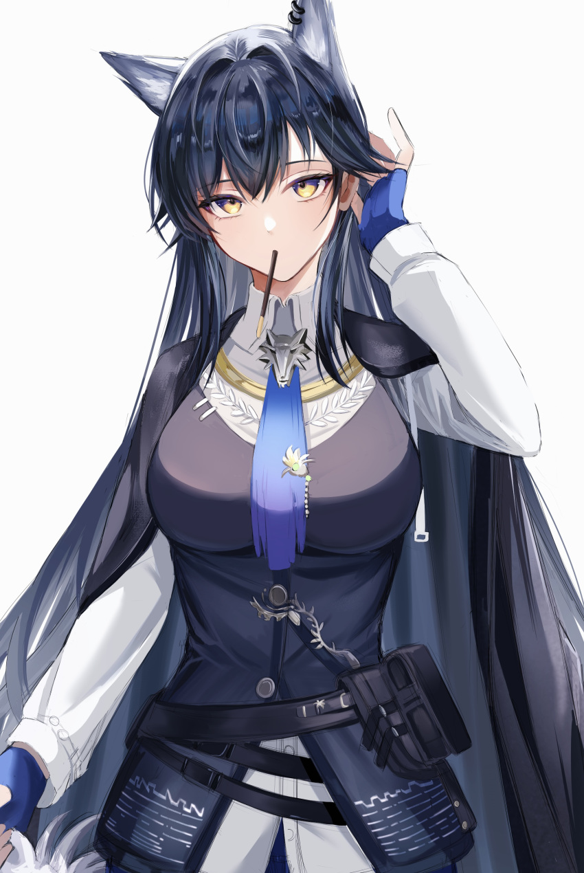 1girl absurdres animal_ear_fluff animal_ear_piercing animal_ears arknights belt belt_buckle belt_pouch black_belt black_hair black_jacket black_vest blue_eyes blue_gloves blue_necktie breasts buckle buttons closed_mouth collared_shirt colored_inner_hair commentary_request dress_shirt extra_ears eyelashes fingerless_gloves food food_in_mouth gloves grey_hair hair_between_eyes hair_intakes hand_in_own_hair hand_up high_collar highres hoop_piercing jacket jacket_on_shoulders long_hair long_sleeves looking_at_viewer medium_breasts mouth_hold multicolored_hair multiple_belts necktie official_alternate_costume ohagi_umeume open_clothes open_jacket pocky pouch shadow shirt simple_background solo standing straight-on straight_hair swept_bangs texas_(arknights) texas_the_omertosa_(arknights) torn_clothes torn_necktie two-tone_eyes two-tone_hair upper_body very_long_hair vest white_background white_shirt wing_collar wolf_ears wolf_girl yellow_eyes