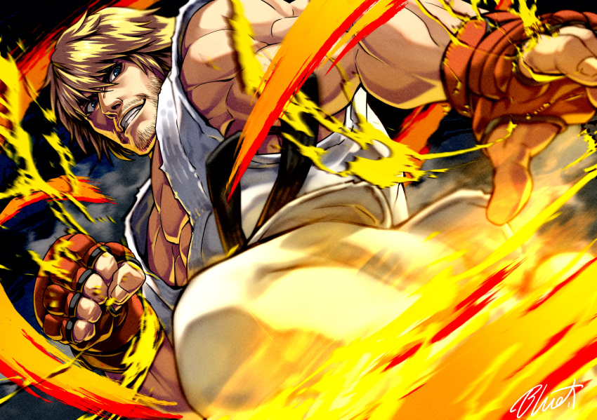 1boy alternate_color beard_stubble biceps buru-dai clenched_hand dougi facial_hair fighting_stance fingerless_gloves fire gloves grin ken_masters kicking large_pectorals male_focus muscular muscular_male pectorals red_gloves smile street_fighter stubble